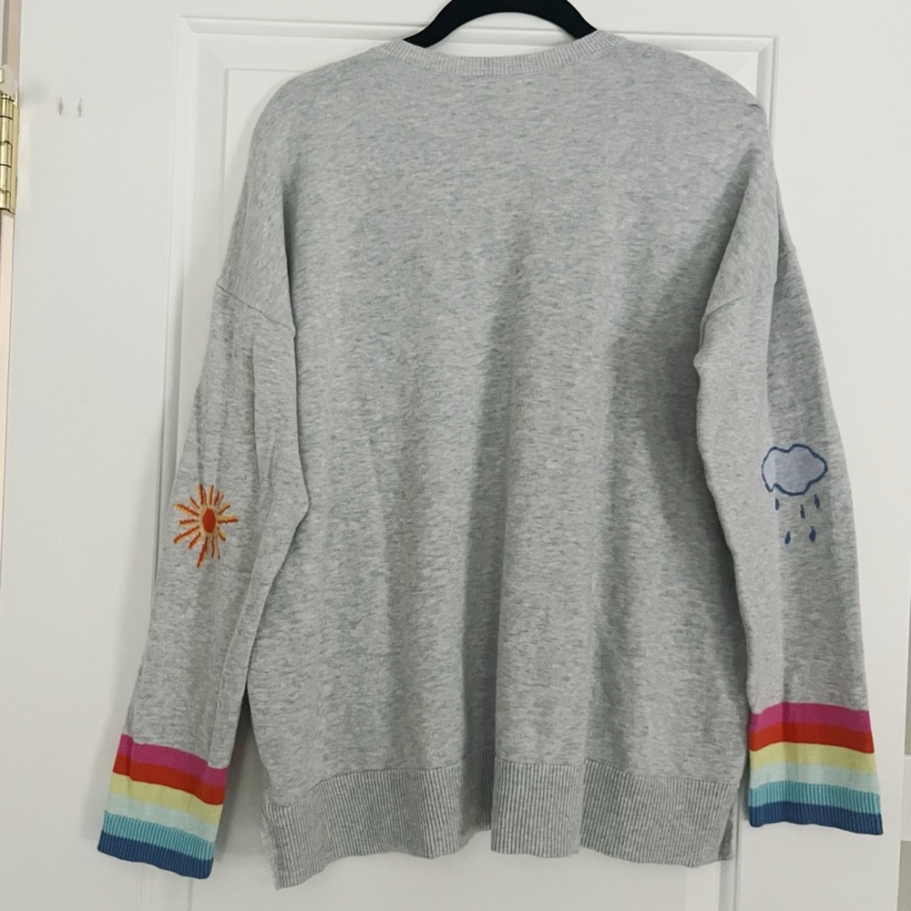 Lisa Todd Light Gray V-Neck Sweater with Rainbow Cuffs - Picture 2 of 7